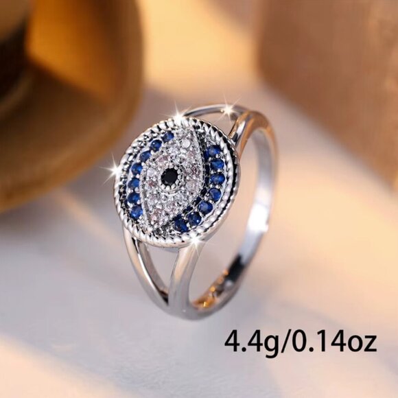 NEW 14k White Gold Blue Sapphire Evil Eye Diamond Ring - Picture 9 of 9